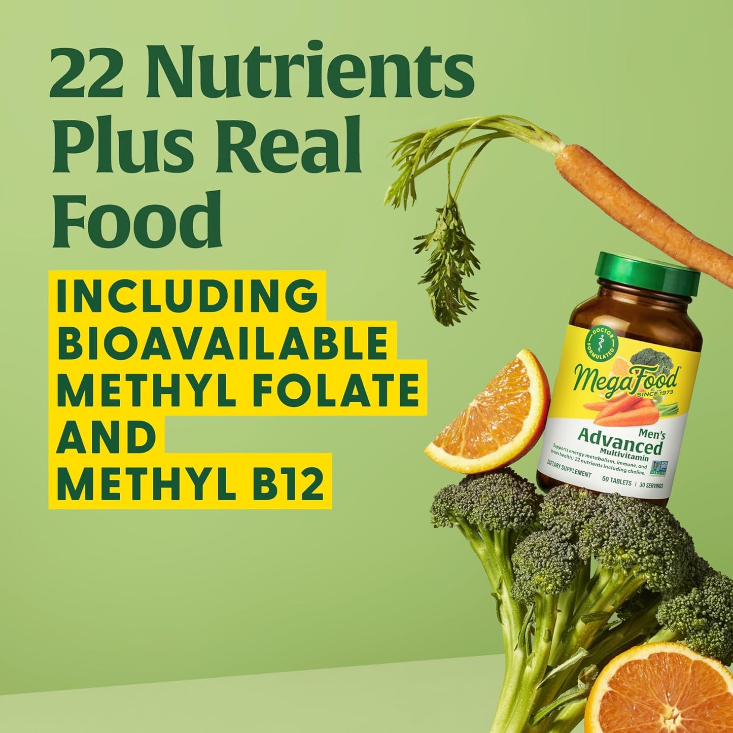 Doctor-Formulated MegaFood Men's Advanced Multivitamin with Choline, Vitamin B12, D, C, and Zinc for Brain Health & Immune Support - Non-GMO & Vegetarian - 60 Tabs