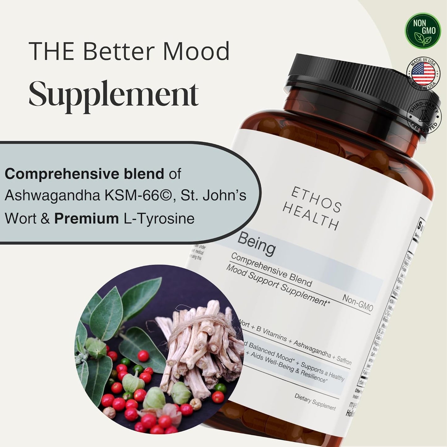 Doctor-Formulated Mood Support Supplement with KSM-66 Ashwagandha Extract, St. John’s Wort, Rhodiola Rosea, Saffron, Panax Ginseng, Gotu Kola - 60 Vegan Capsules