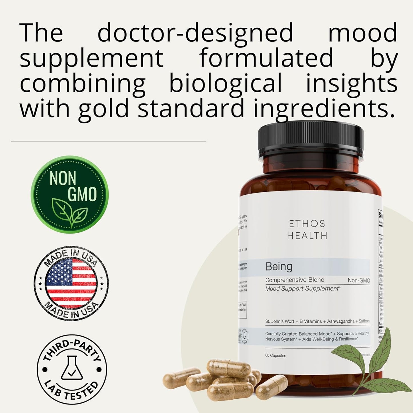 Doctor-Formulated Mood Support Supplement with KSM-66 Ashwagandha Extract, St. John’s Wort, Rhodiola Rosea, Saffron, Panax Ginseng, Gotu Kola - 60 Vegan Capsules