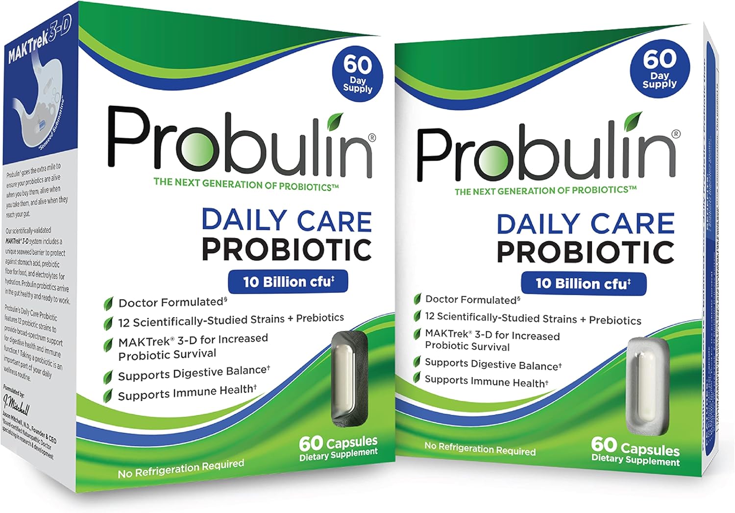 Doctor Formulated Probulin Daily Care Probiotic - 10 Billion CFU - 12 Probiotic Strains - 60 Vegan Capsules - Digestive & Immune Support (Twin Pack)