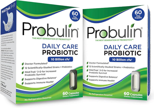 Doctor Formulated Probulin Daily Care Probiotic - 10 Billion CFU - 12 Probiotic Strains - 60 Vegan Capsules - Digestive & Immune Support (Twin Pack)
