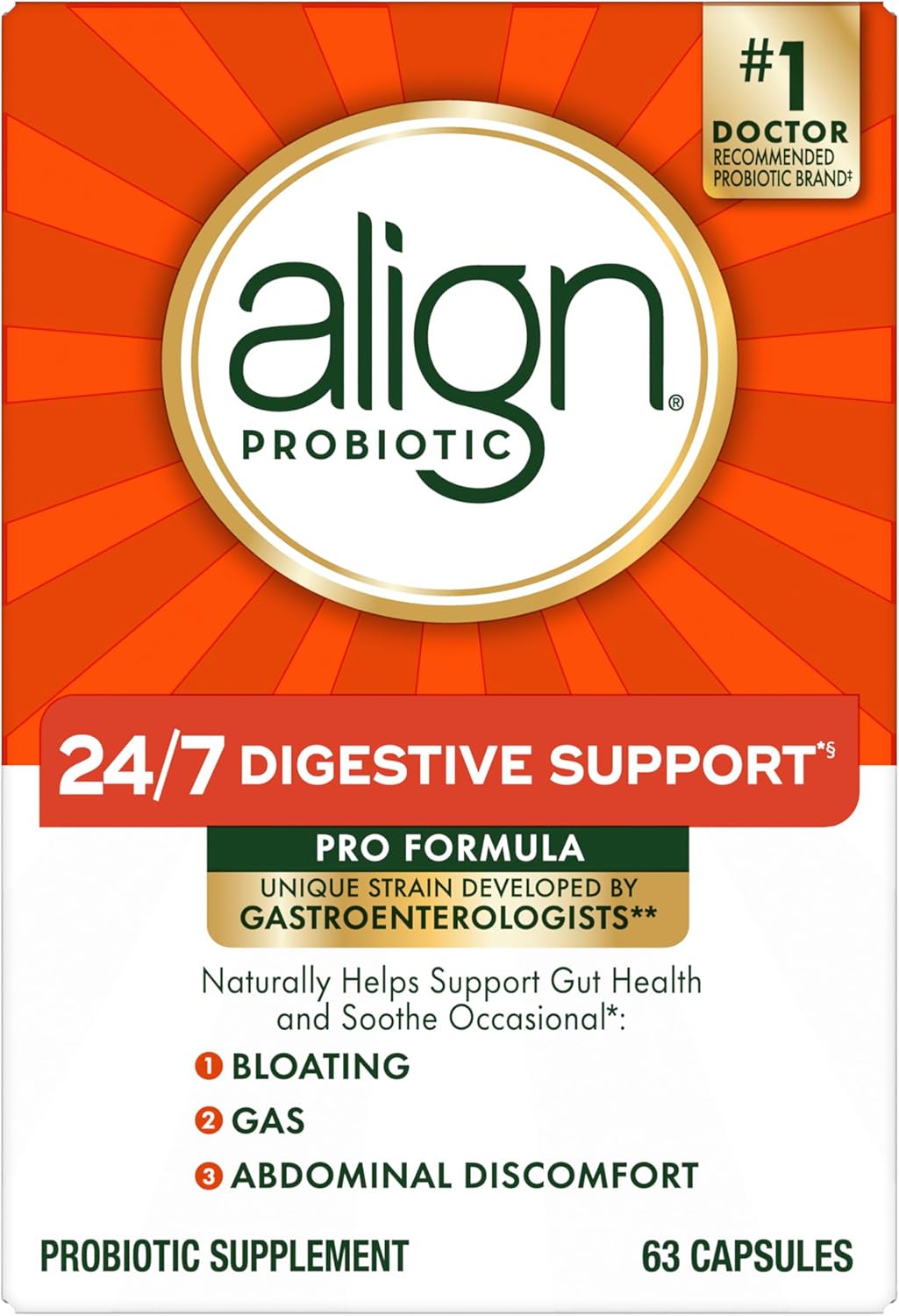 Doctor Recommended Align Probiotic Supplement for Women and Men, 63 Capsules - Daily Pro Formula to Relieve Gas and Bloating