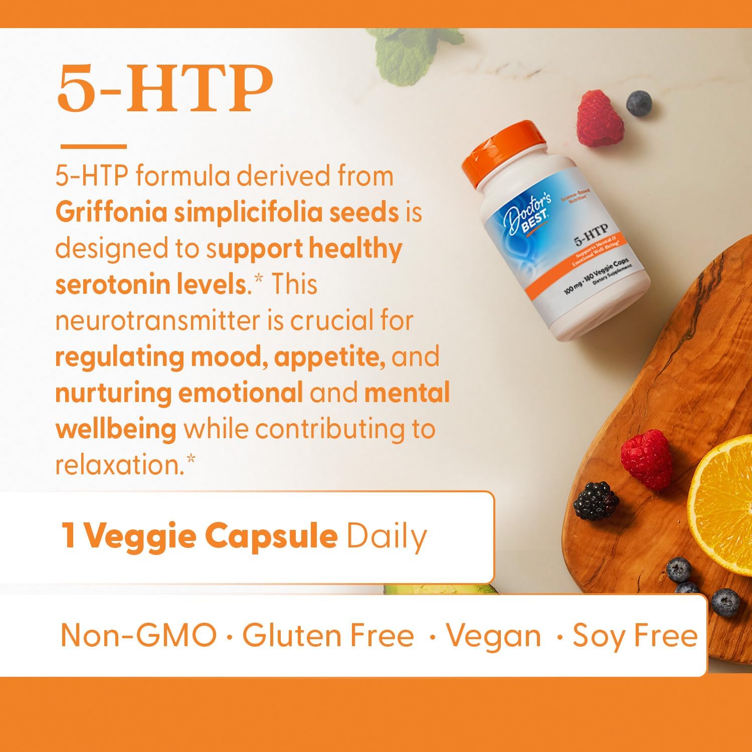Doctor's Best 5-HTP Supplement for Mental & Emotional Well-Being - Non-GMO, Gluten-Free, Soy-Free, Vegan - 180 Veggie Capsules