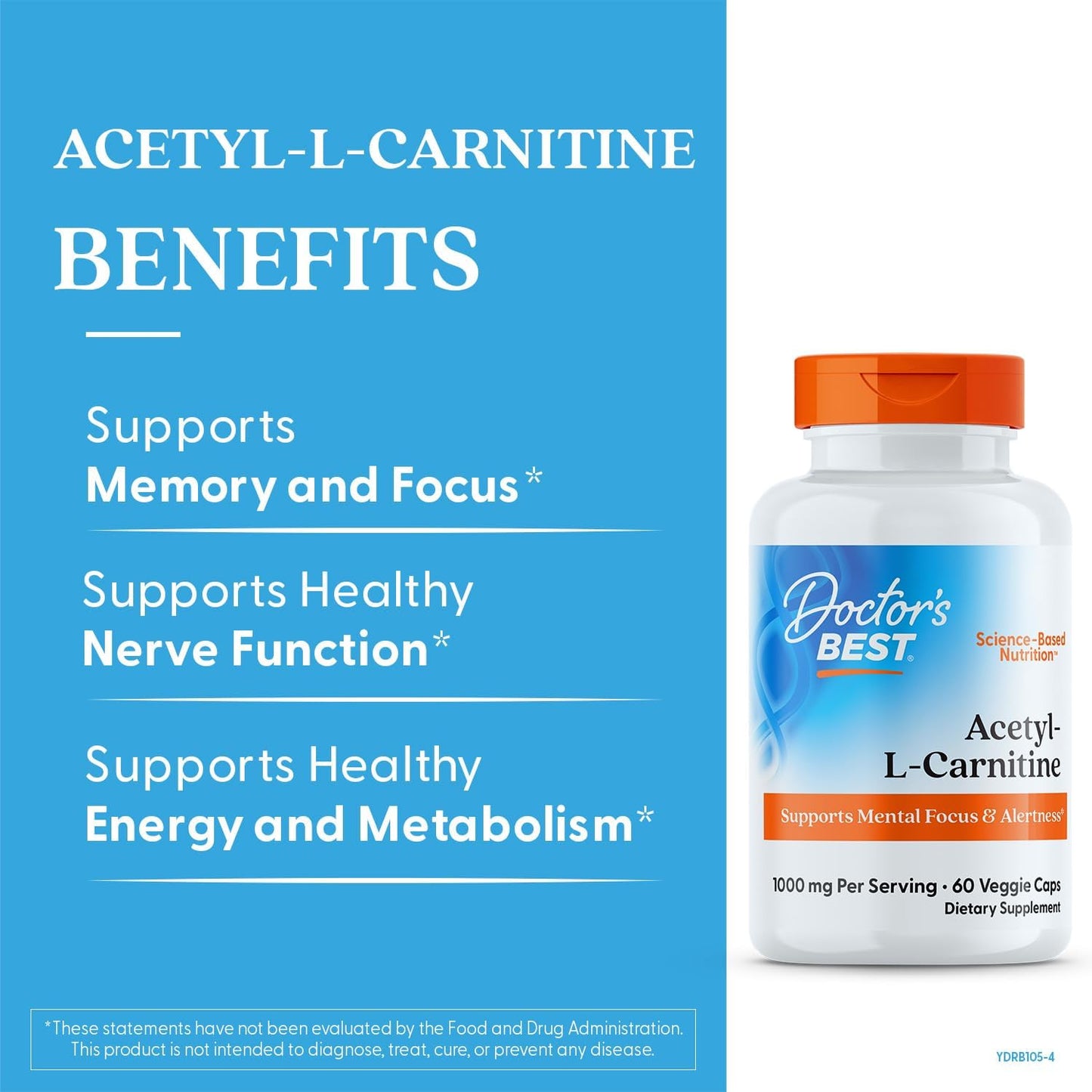 Doctor's Best Acetyl-L-Carnitine: Supports Mental Focus & Alertness, Non-GMO, Gluten-Free, Soy-Free, Vegan - 60 Veggie Capsules