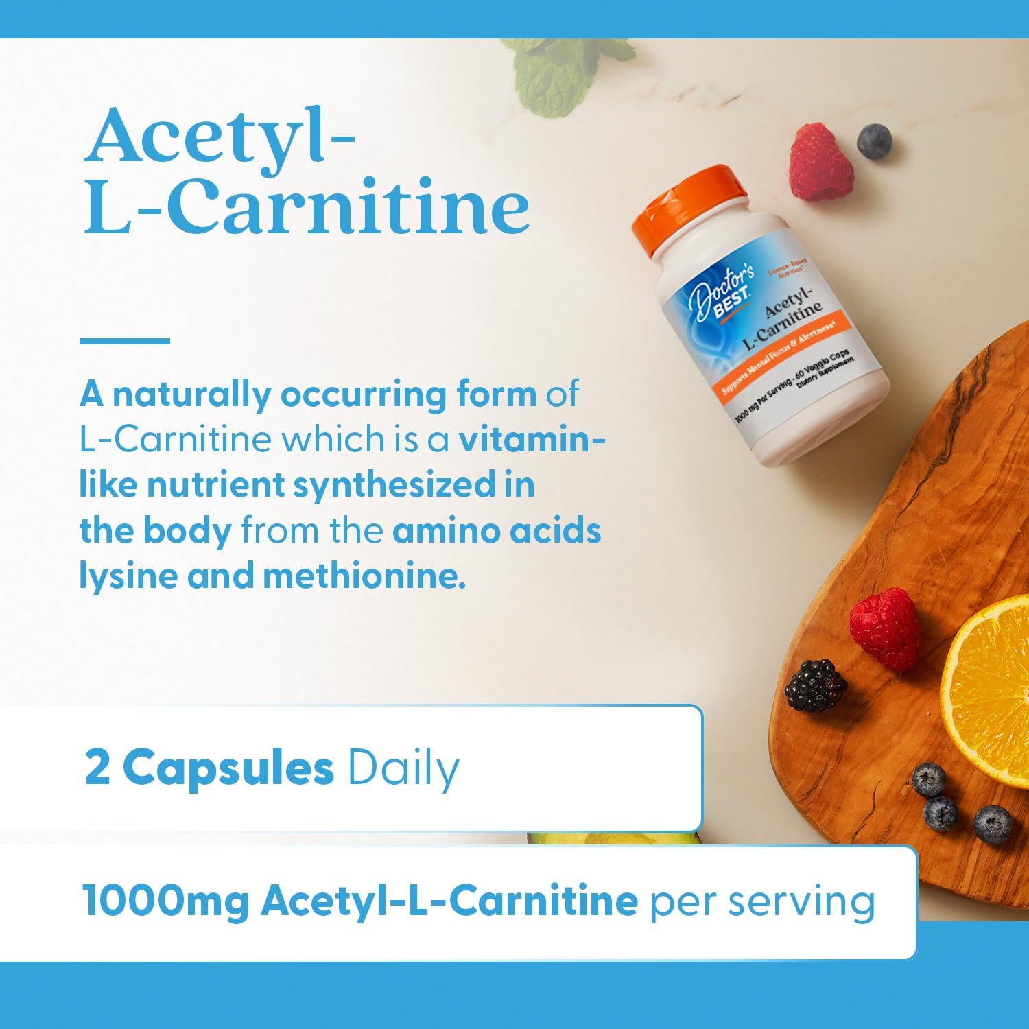 Doctor's Best Acetyl-L-Carnitine: Supports Mental Focus & Alertness, Non-GMO, Gluten-Free, Soy-Free, Vegan - 60 Veggie Capsules