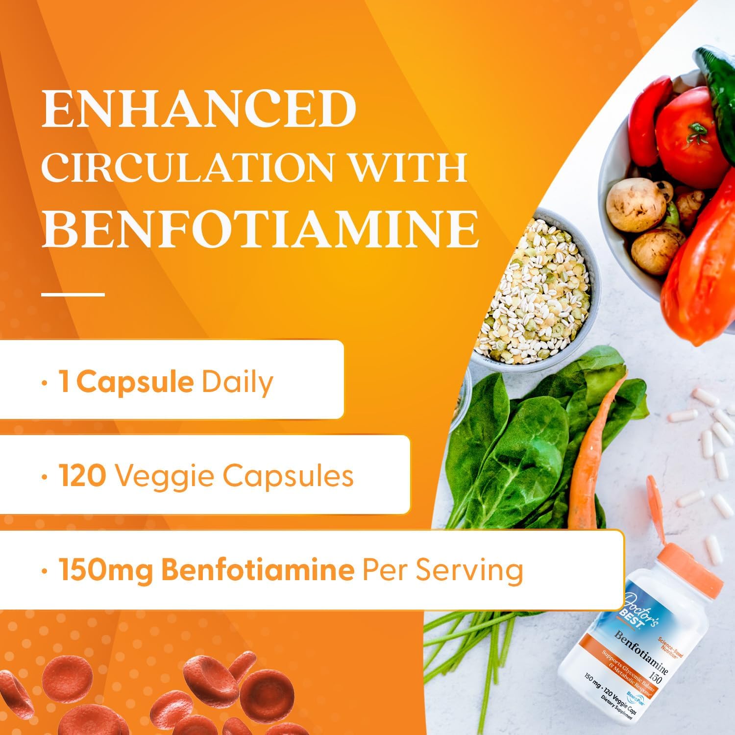 Doctor's BEST Benfotiamine 150 for Glycemic Balance & Metabolic Response - Non-GMO, Gluten Free, Vegan 120 Caps