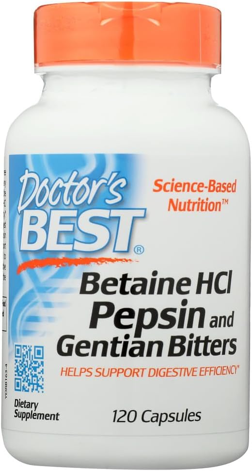 Doctor's Best Betaine HCl Pepsin & Gentian Bitters, Digestive Enzymes for Protein Absorption, Non-GMO, Gluten Free, 120 Capsules