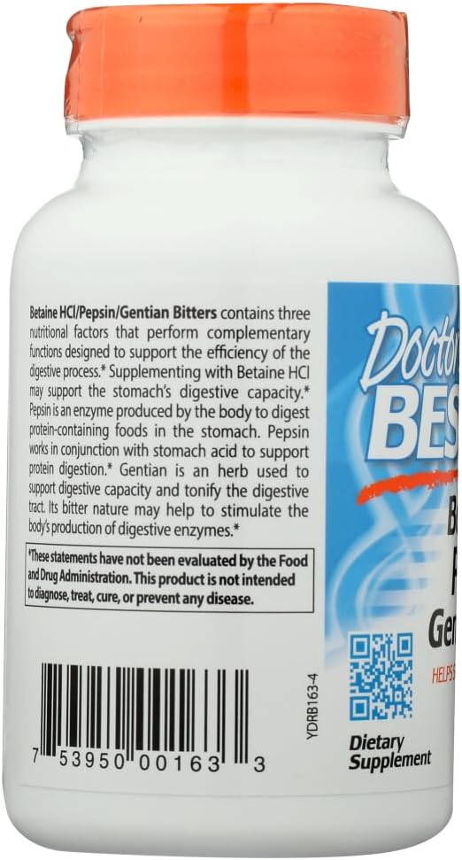 Doctor's Best Betaine HCl Pepsin & Gentian Bitters, Digestive Enzymes for Protein Absorption, Non-GMO, Gluten Free, 120 Capsules