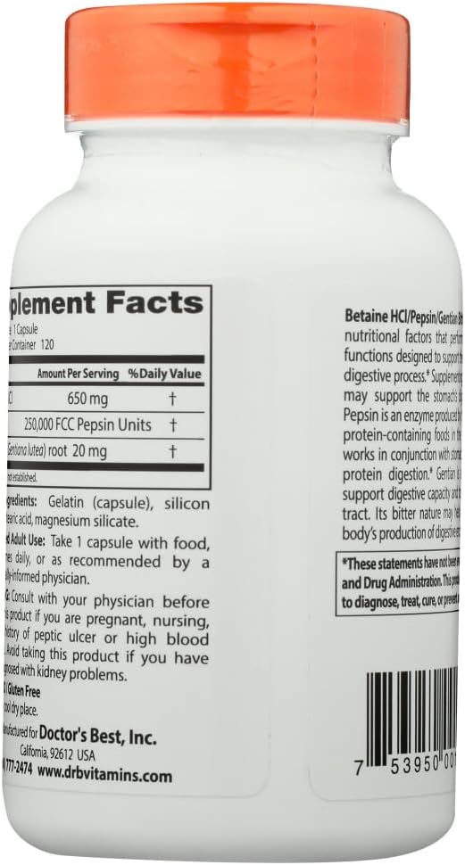 Doctor's Best Betaine HCl Pepsin & Gentian Bitters, Digestive Enzymes for Protein Absorption, Non-GMO, Gluten Free, 120 Capsules