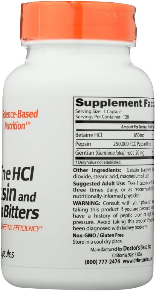 Doctor's Best Betaine HCl Pepsin & Gentian Bitters, Digestive Enzymes for Protein Absorption, Non-GMO, Gluten Free, 120 Capsules