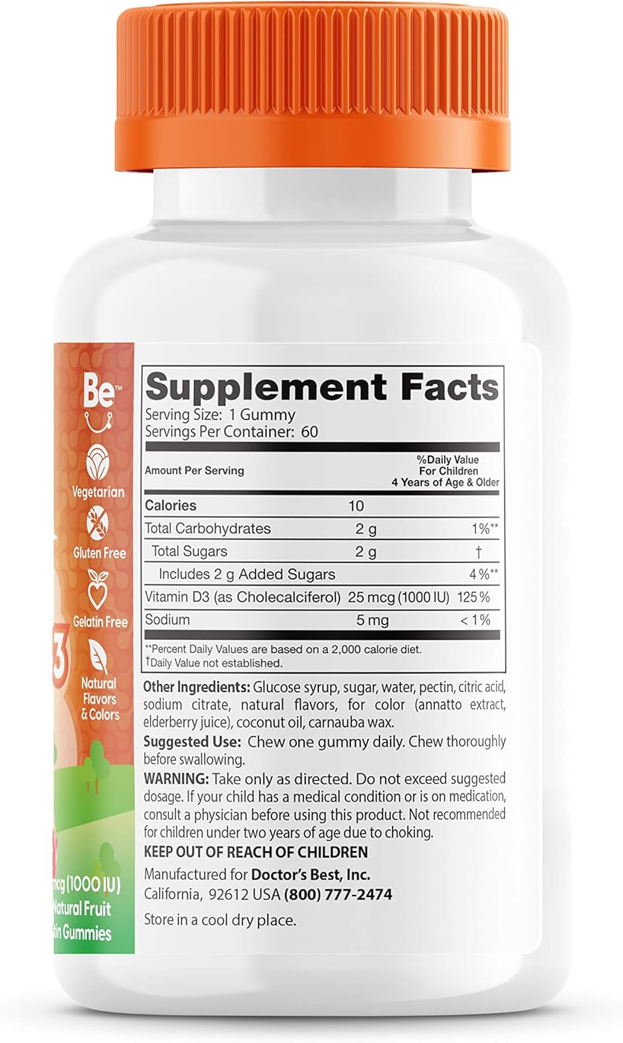 Doctor's Best Children's Vitamin D3 Gummies 1000iu - Supports Healthy Bones, Teeth, Immune Health - 60 Count