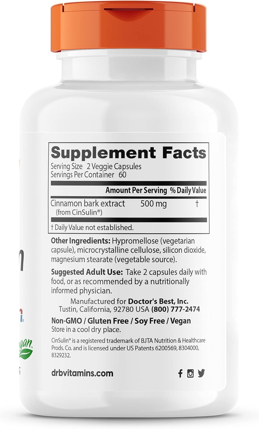 Doctor's Best Cinnamon Extract - Supports Healthy Glycemic Balance & Metabolism, Non-GMO, Gluten-Free, Soy-Free, Vegan - 120 Veggie Capsules