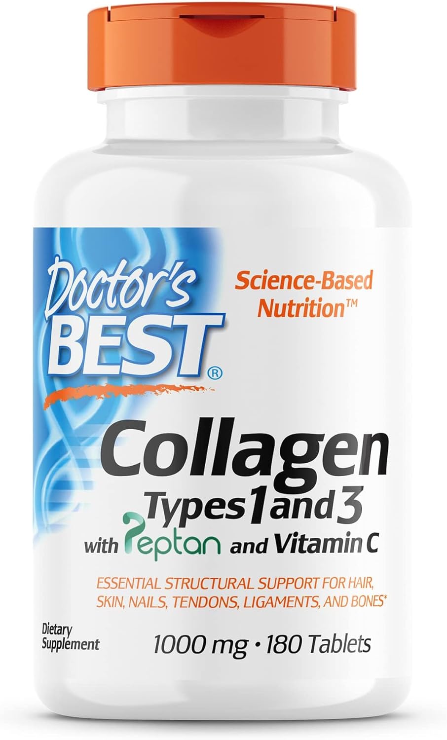 Doctor's Best Collagen Types 1 & 3 Peptan Tablets - Non-GMO, Gluten & Soy Free, 1000mg - Supports Hair, Skin, Nails, Tendons, and Bones - 180 Count
