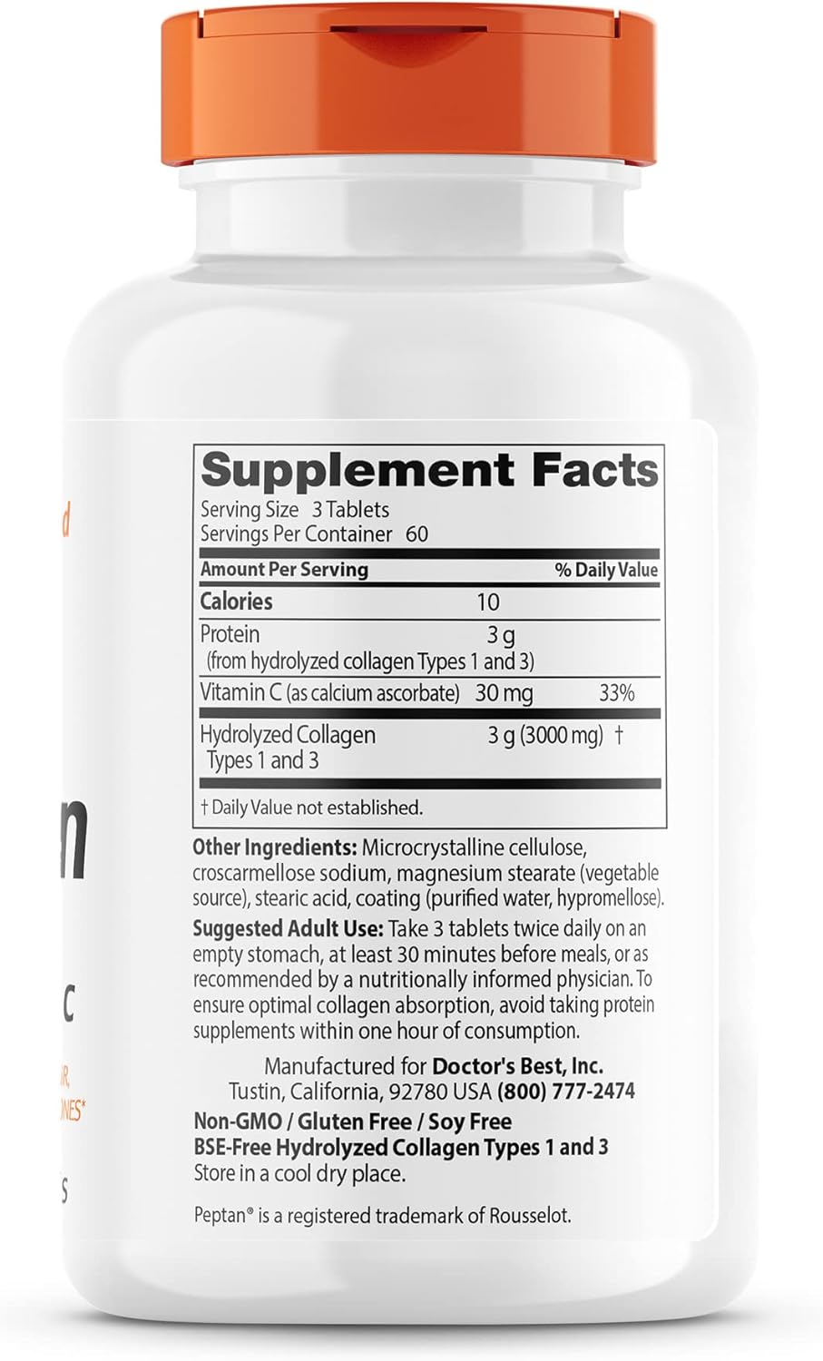Doctor's Best Collagen Types 1 & 3 Peptan Tablets - Non-GMO, Gluten & Soy Free, 1000mg - Supports Hair, Skin, Nails, Tendons, and Bones - 180 Count