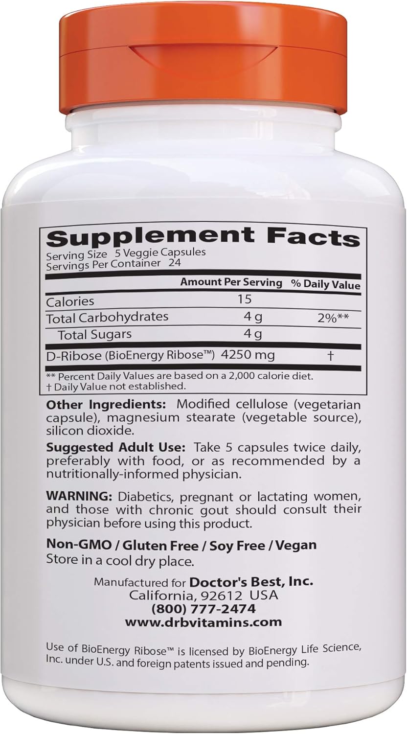 Doctor's Best D-Ribose Capsules - Supports ATP Energy, Non-GMO, Gluten-Free, Soy-Free, Vegan - 120 Count