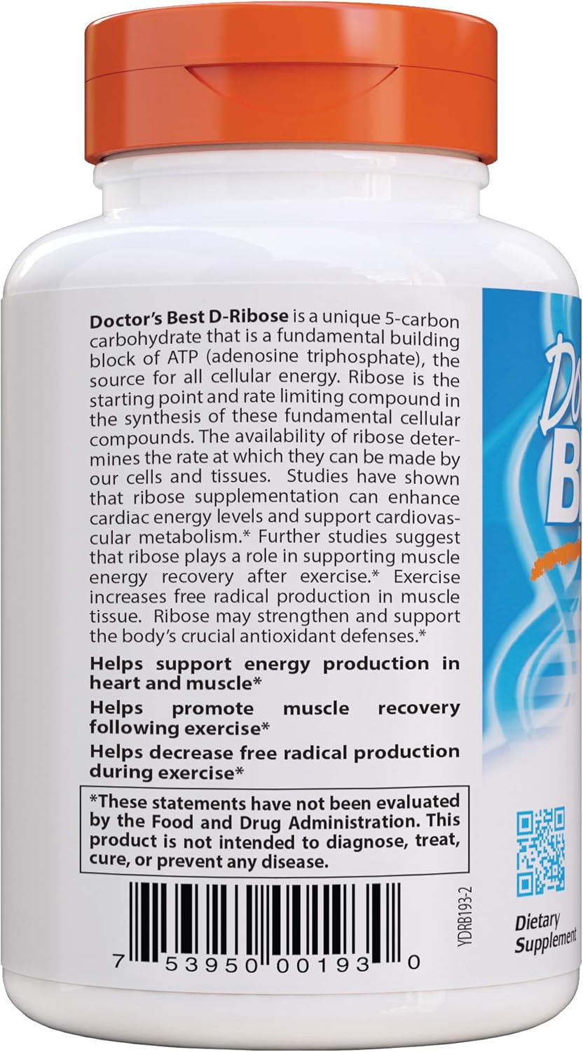 Doctor's Best D-Ribose Capsules - Supports ATP Energy, Non-GMO, Gluten-Free, Soy-Free, Vegan - 120 Count