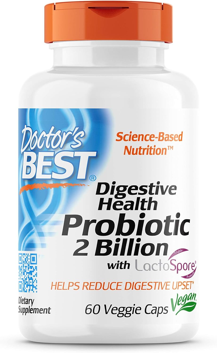 Doctor's Best Digestive Health Probiotic 2 Billion CFU with Lactospore - Non-GMO Vegan Supplement - 60 Vegetarian Capsules