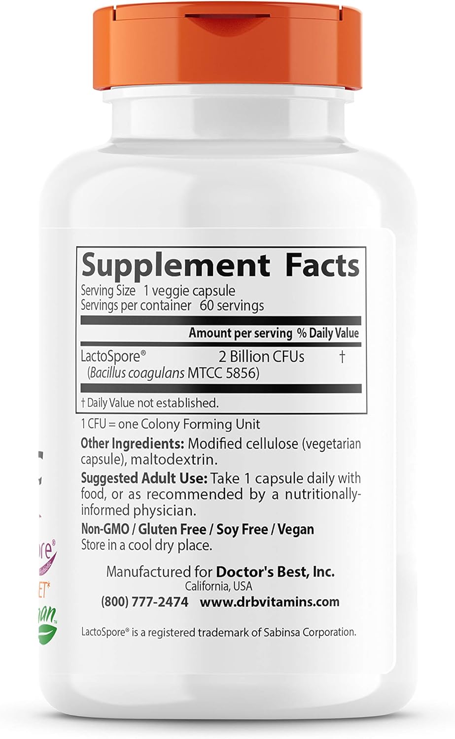 Doctor's Best Digestive Health Probiotic 2 Billion CFU with Lactospore - Non-GMO Vegan Supplement - 60 Vegetarian Capsules