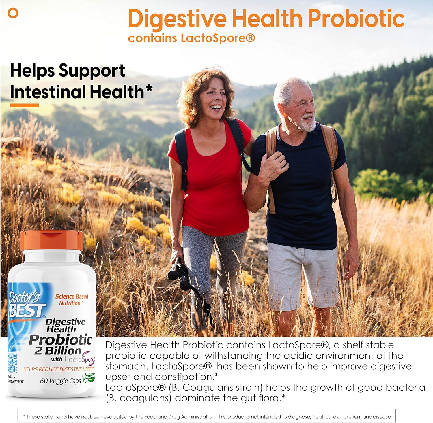 Doctor's Best Digestive Health Probiotic 2 Billion CFU with Lactospore - Non-GMO Vegan Supplement - 60 Vegetarian Capsules