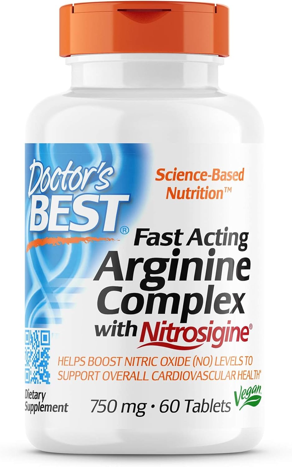 Doctor's Best Fast Acting Arginine Complex Tablets - Nitrosigine for Boosting Nitric Oxide Levels, Blood Flow, and Vessel Flexibility - Non-GMO, Vegan, Gluten Free - 750mg, 60 Count