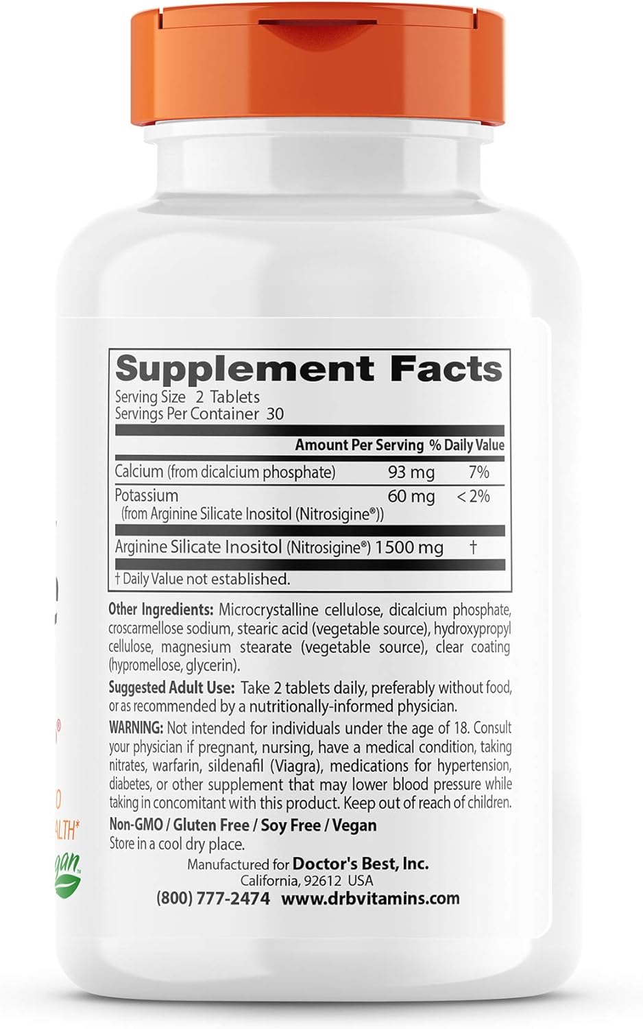 Doctor's Best Fast Acting Arginine Complex Tablets - Nitrosigine for Boosting Nitric Oxide Levels, Blood Flow, and Vessel Flexibility - Non-GMO, Vegan, Gluten Free - 750mg, 60 Count