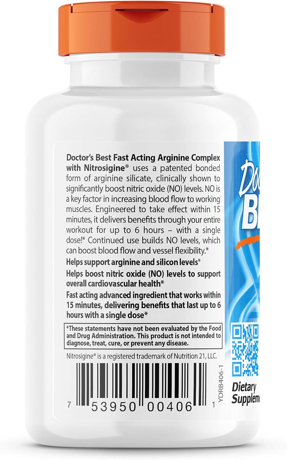 Doctor's Best Fast Acting Arginine Complex Tablets - Nitrosigine for Boosting Nitric Oxide Levels, Blood Flow, and Vessel Flexibility - Non-GMO, Vegan, Gluten Free - 750mg, 60 Count