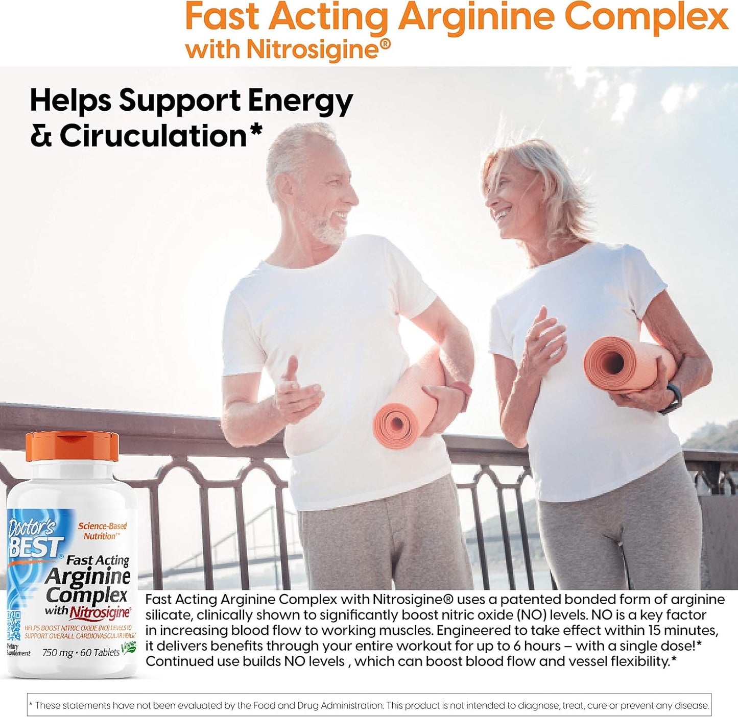 Doctor's Best Fast Acting Arginine Complex Tablets - Nitrosigine for Boosting Nitric Oxide Levels, Blood Flow, and Vessel Flexibility - Non-GMO, Vegan, Gluten Free - 750mg, 60 Count
