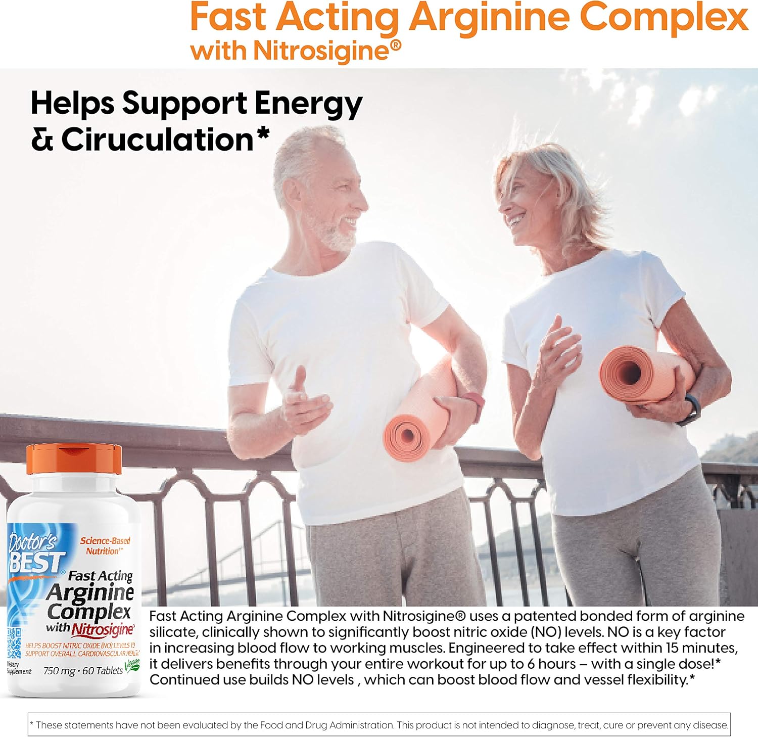 Doctor's Best Fast Acting Arginine Complex Tablets - Nitrosigine for Boosting Nitric Oxide Levels, Blood Flow, and Vessel Flexibility - Non-GMO, Vegan, Gluten Free - 750mg, 60 Count