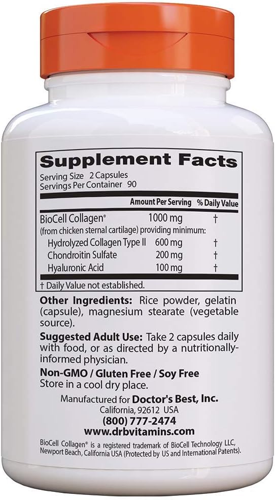 Doctor's Best Hyaluronic Acid and Chondroitin Sulfate with BioCell Collagen - Joint Support Supplement, 180 Count