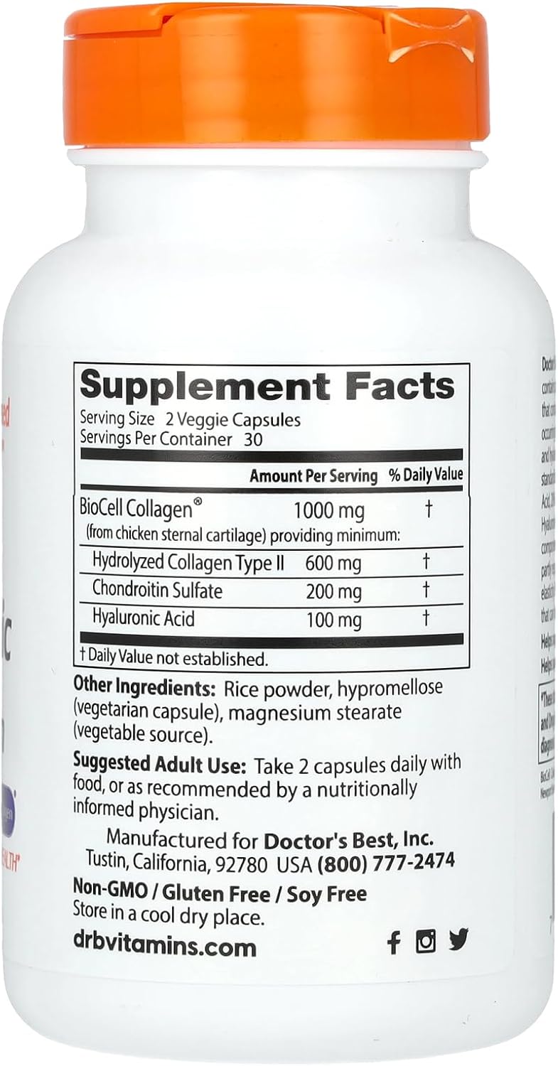 Doctor's Best Hyaluronic Acid and Chondroitin Sulfate Capsules for Joint and Skin Health, Non-GMO, Gluten-Free, Soy-Free - 60 Veggies