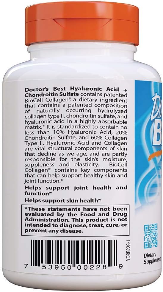 Doctor's Best Hyaluronic Acid and Chondroitin Sulfate with BioCell Collagen - Joint Support Supplement, 180 Count