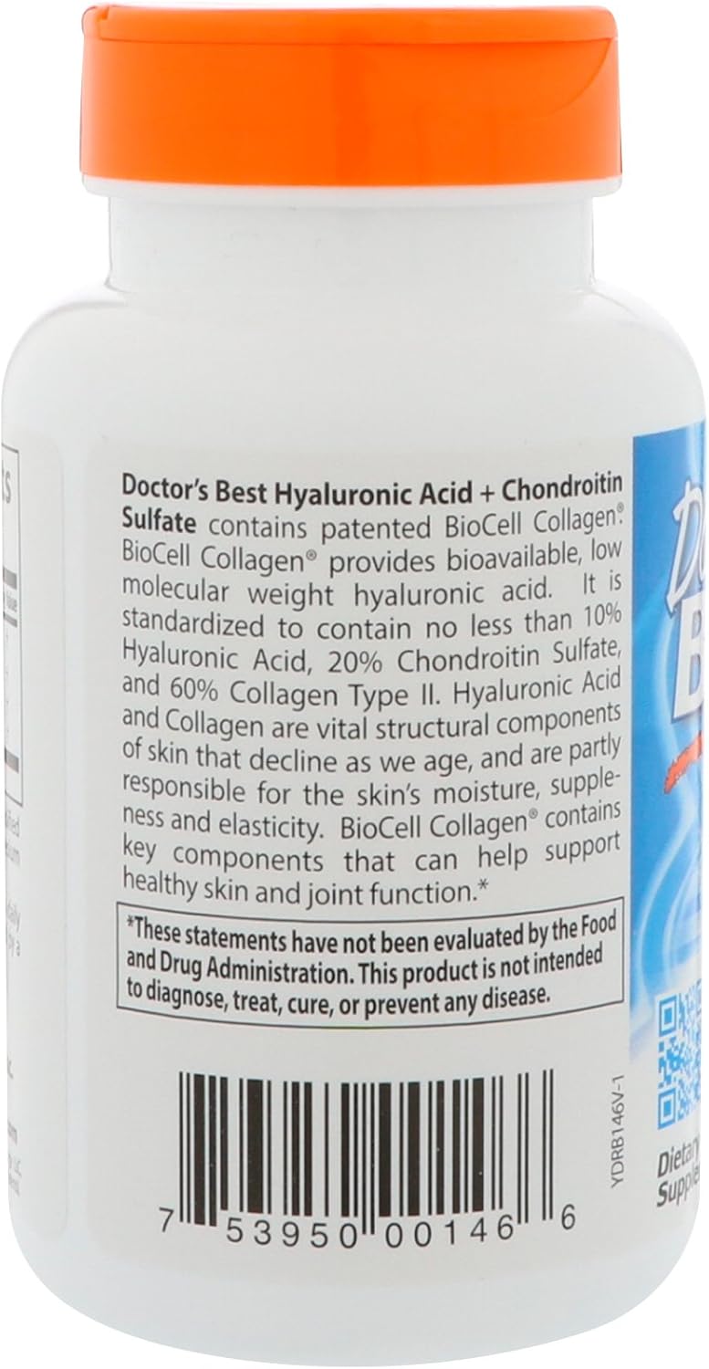 Doctor's Best Hyaluronic Acid and Chondroitin Sulfate Capsules for Joint and Skin Health, Non-GMO, Gluten-Free, Soy-Free - 60 Veggies