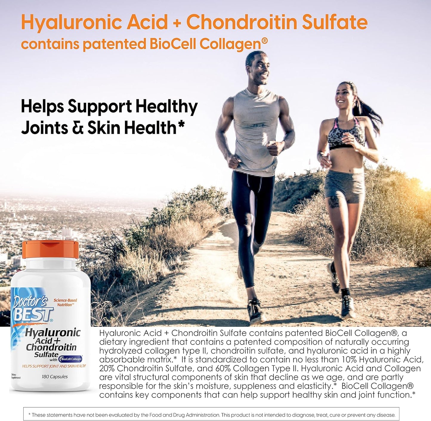 Doctor's Best Hyaluronic Acid and Chondroitin Sulfate with BioCell Collagen - Joint Support Supplement, 180 Count