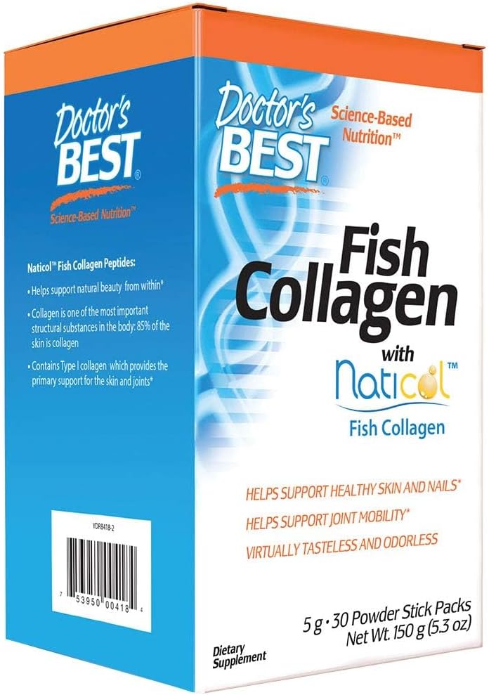 Doctor's Best Naticol Fish Collagen Powder Sticks for Skin, Nails, Joints - 30 Pack