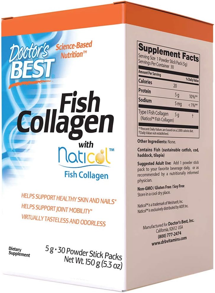Doctor's Best Naticol Fish Collagen Powder Sticks for Skin, Nails, Joints - 30 Pack