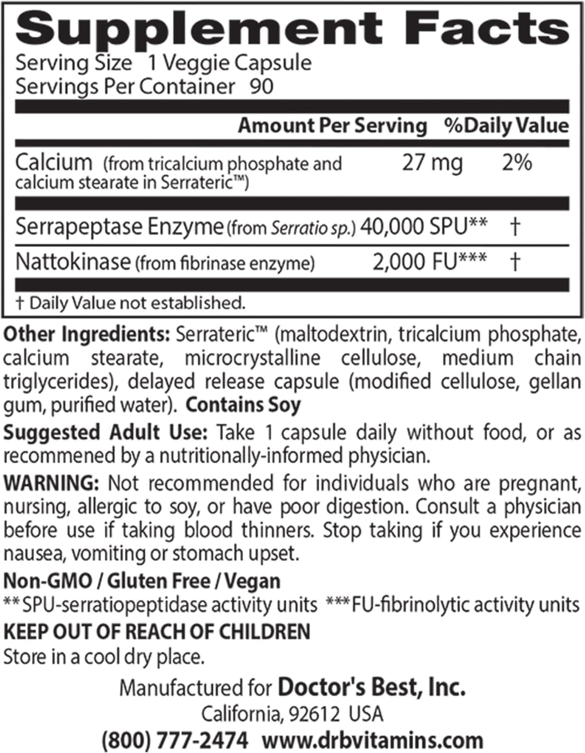 Doctors Best Natto-Serra Veggie Capsules - Supports Circulatory & Immune Health - Non-GMO & Vegan - 90 Count