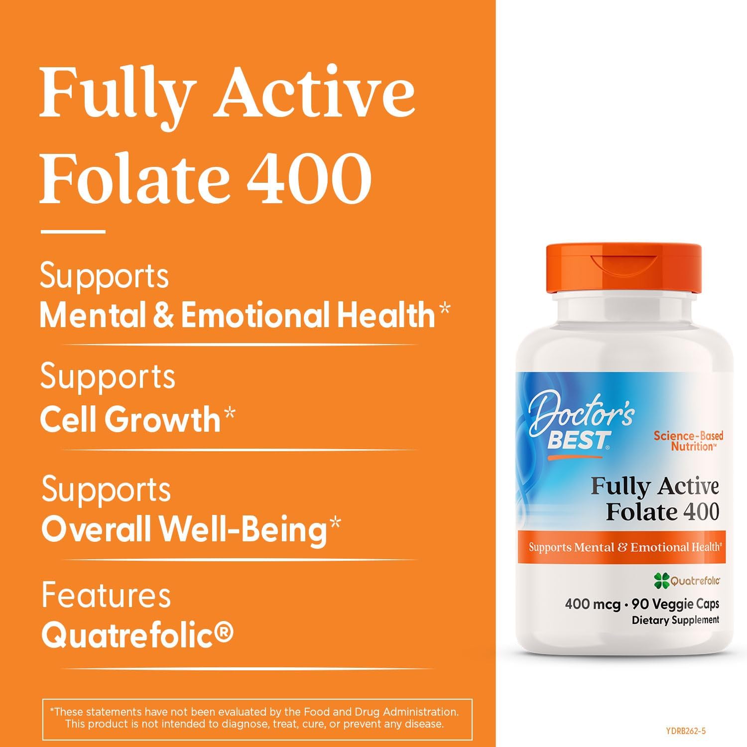 Doctor's Best Quatrefolic Folate 400 mcg - Supports Mood, Memory, Circulation - 90 VC - Promotes Well-Being