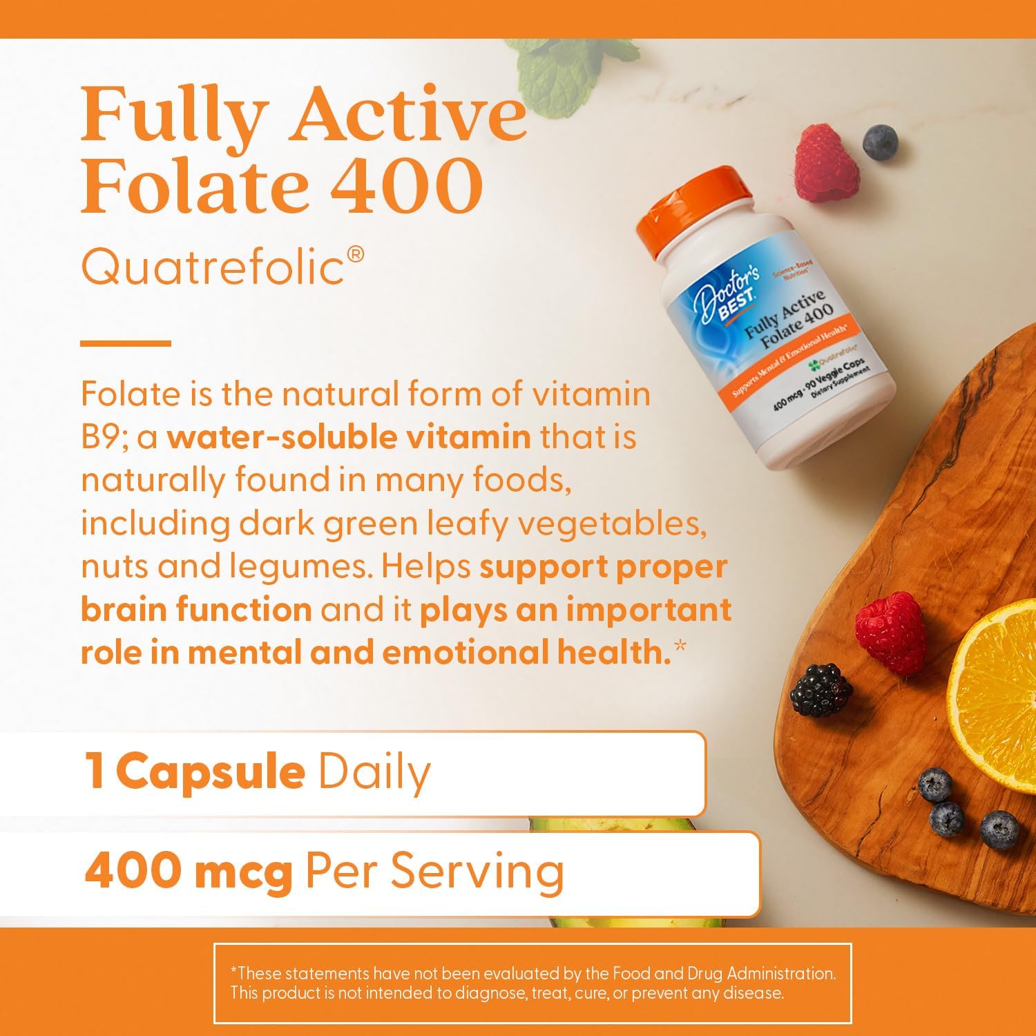 Doctor's Best Quatrefolic Folate 400 mcg - Supports Mood, Memory, Circulation - 90 VC - Promotes Well-Being