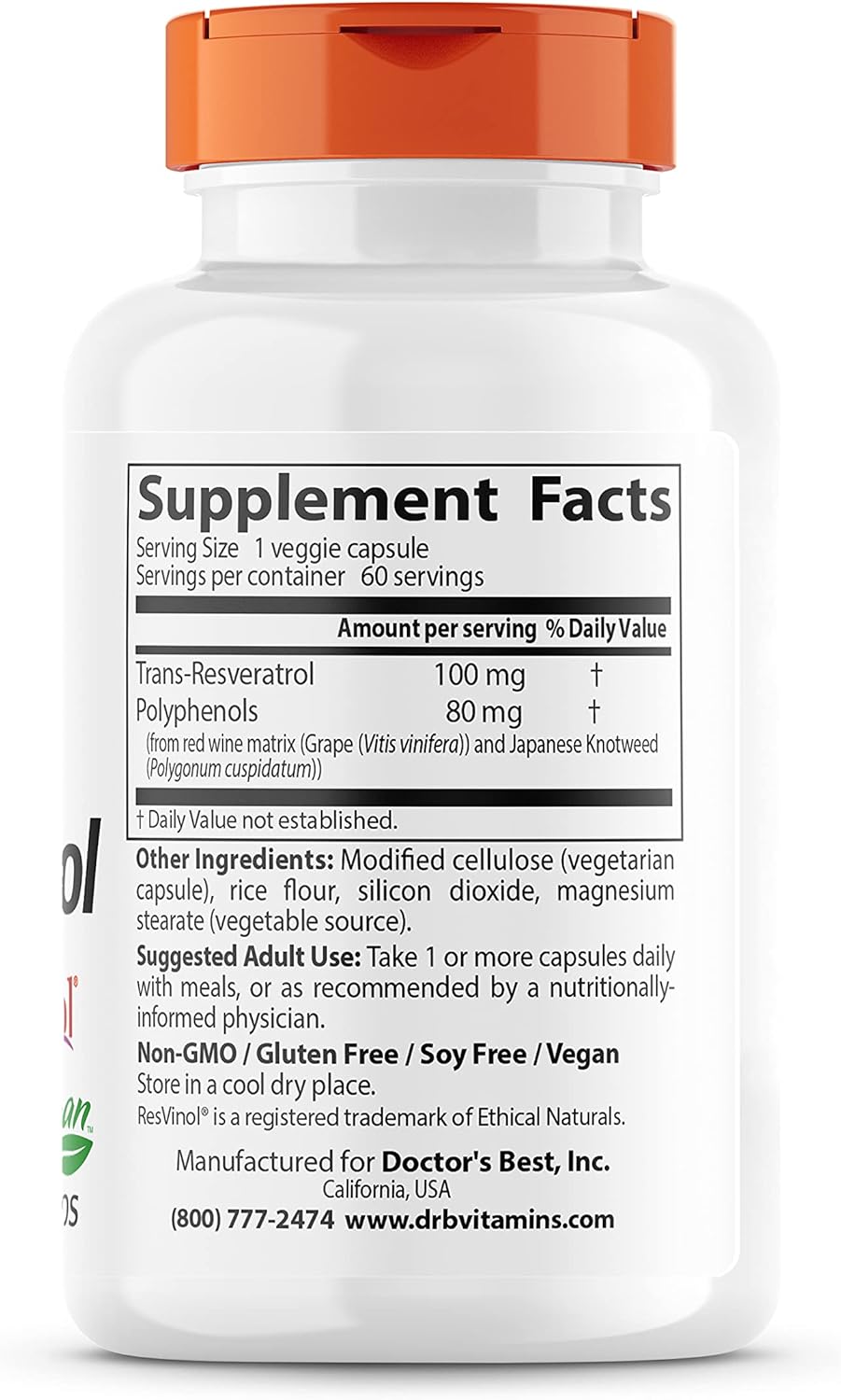 Doctor's BEST Trans-Resveratrol 100 - Red Wine Polyphenol Supplement, 60 Vegan Capsules, Non-GMO & Gluten Free