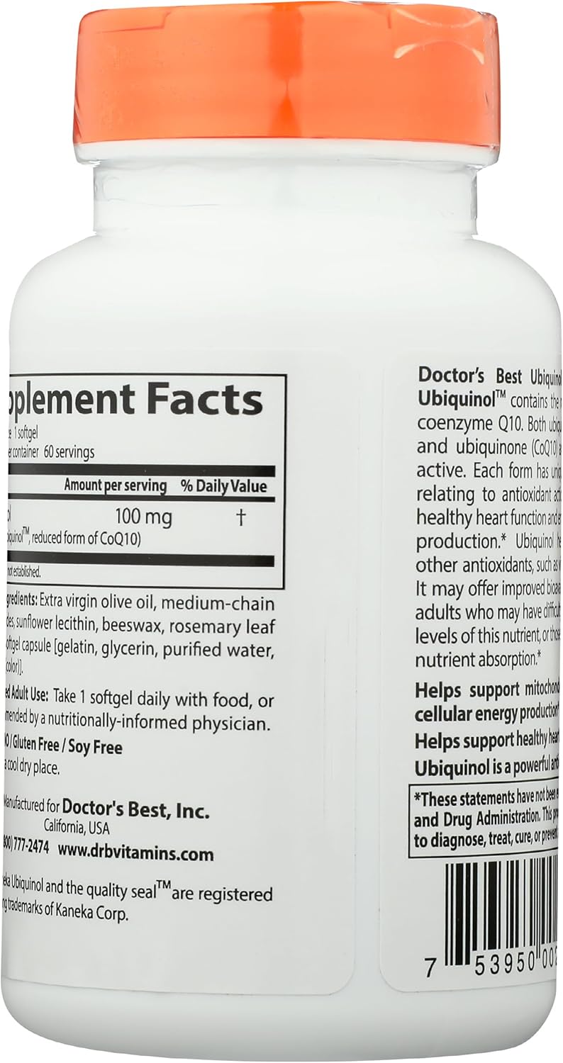 Doctors Best Ubiquinol 100mg, Coenzyme Q10, Non-GMO, Gluten & Soy Free, 60 Softgels for Heart Health and Energy Support