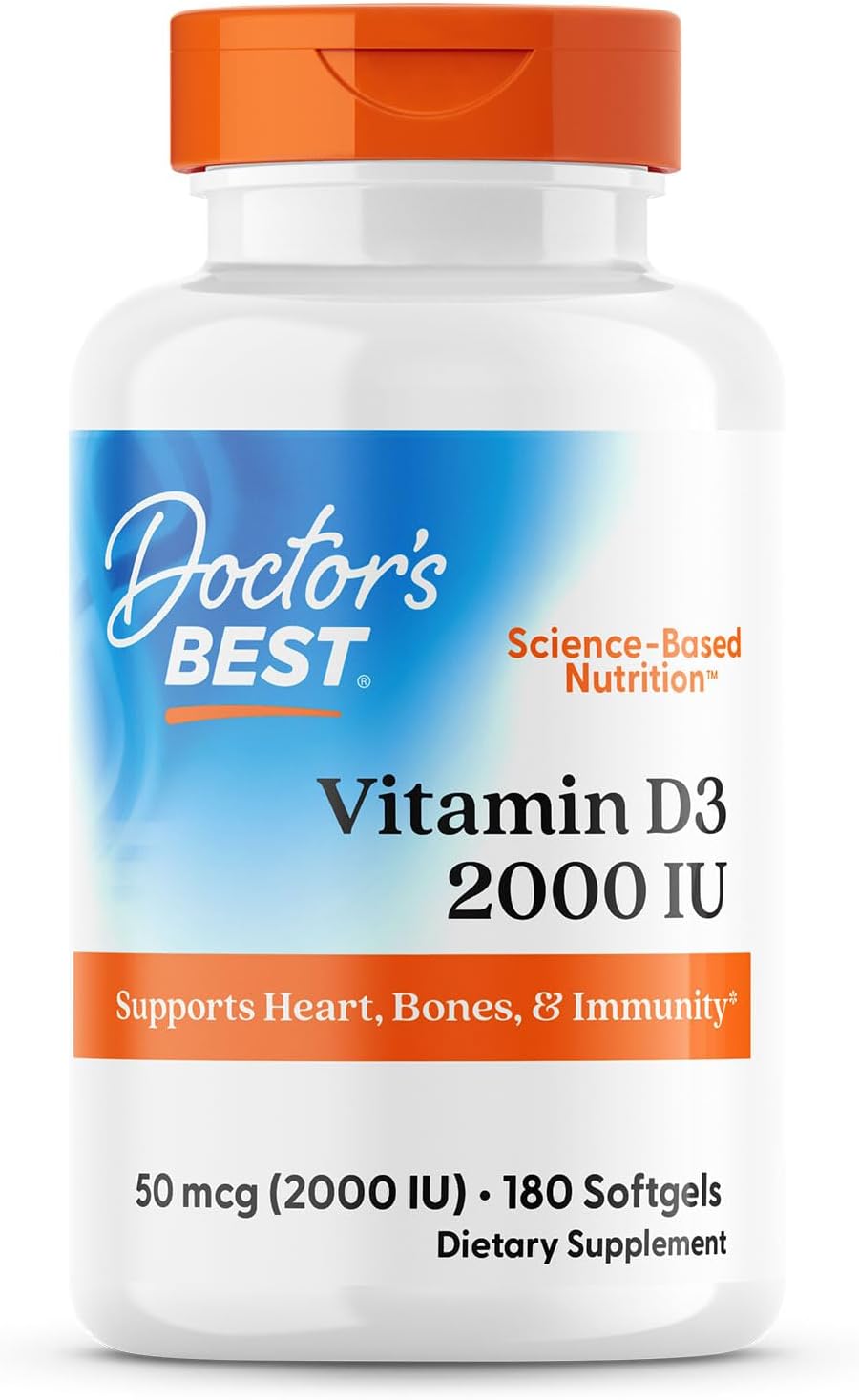 Doctor's BEST Vitamin D3 2000 IU Softgels - Supports Heart, Bones, & Immunity - Non-GMO, Gluten & Soy Free - 180 Count