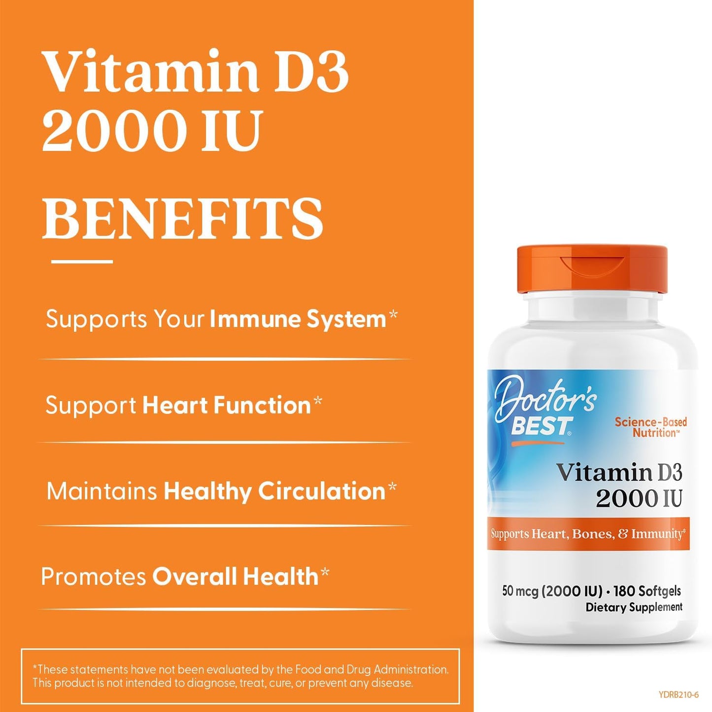 Doctor's BEST Vitamin D3 2000 IU Softgels - Supports Heart, Bones, & Immunity - Non-GMO, Gluten & Soy Free - 180 Count