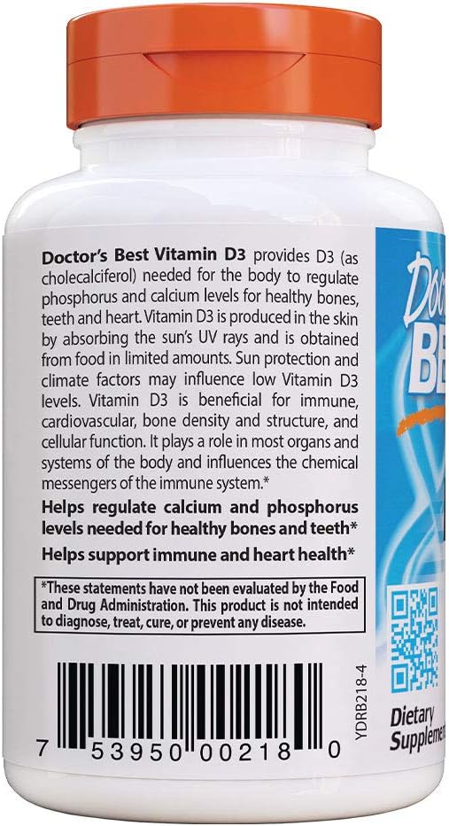 Doctor's BEST Vitamin D3 5000IU: Non-GMO, Gluten & Soy Free, Immune Function Support, Bone Health, White, Flavorless, 360 Count