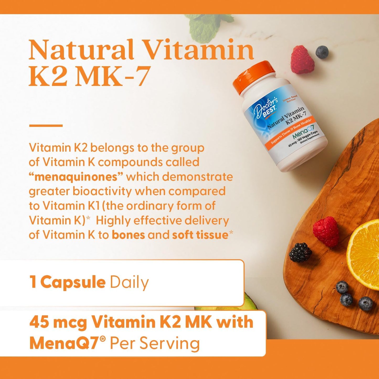 Doctor's Best Vitamin K2 Mk-7 Capsules - 180 Ct - Promotes Bone Health & Elasticity