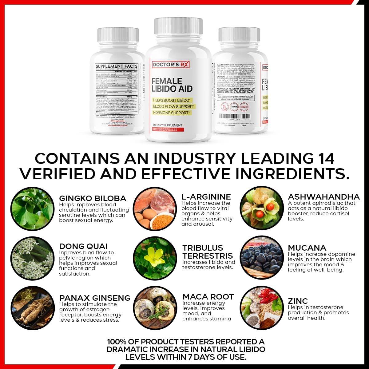 Doctor's Recommended Female Libido Booster | Balance Hormones, Heighten Sensitivity | Fast Acting with 14 Ultra Ingredients | 3rd Party Tested for Women - 60 Pills