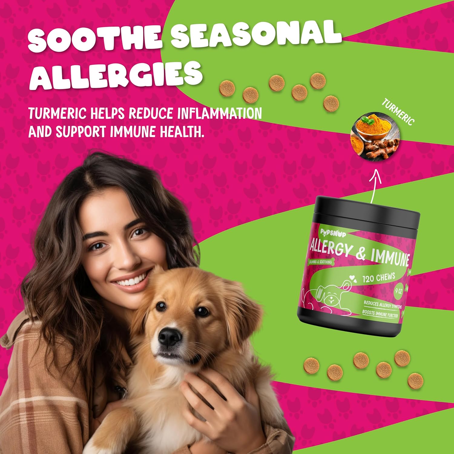 Dog Allergy Chews with Probiotics for Immune Support - Skin and Coat Supplement for Seasonal Allergies - 120 Soft Chews, Made in USA