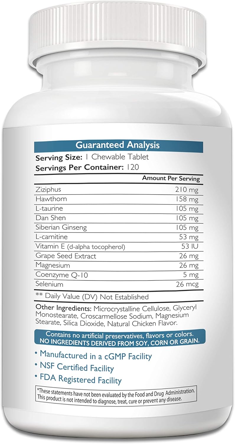 Dog Cardio Support with Antioxidants, L-Carnitine, L-Taurine, Coenzyme Q10, Vitamin E - 120 Chewable Tablets for Healthy Heart
