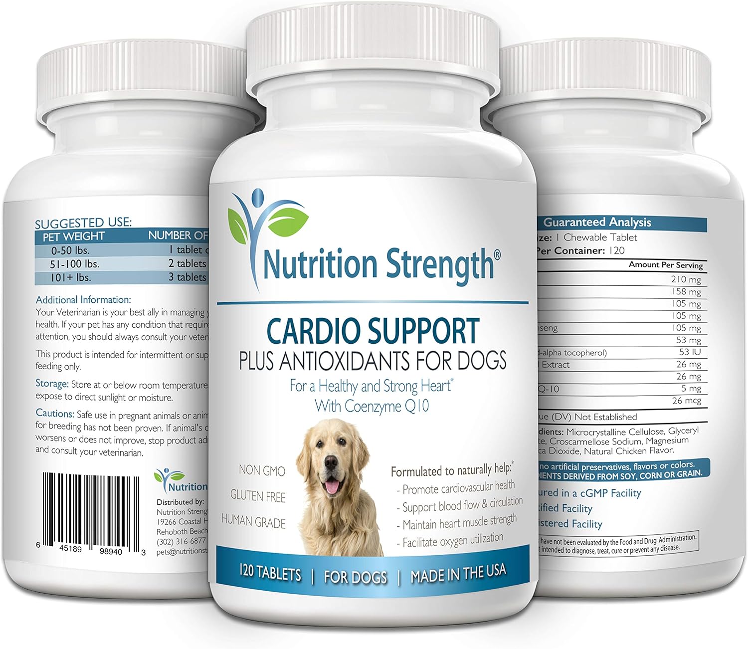 Dog Cardio Support with Antioxidants, L-Carnitine, L-Taurine, Coenzyme Q10, Vitamin E - 120 Chewable Tablets for Healthy Heart