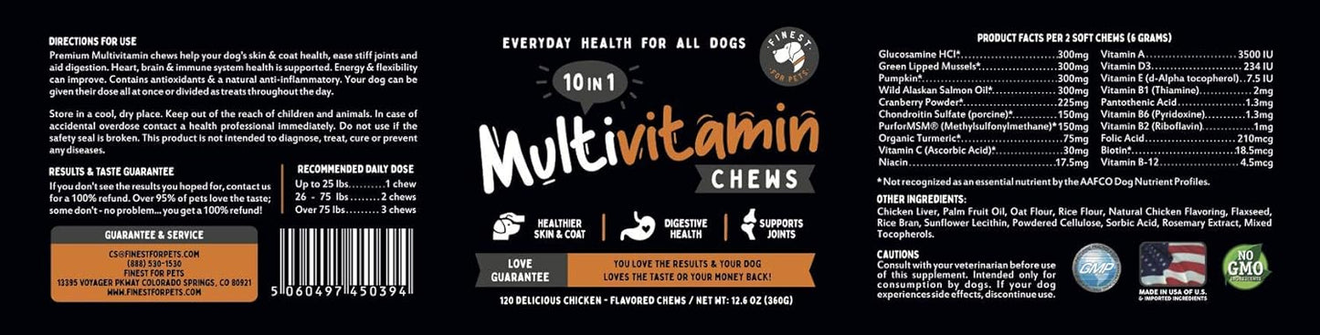 Dog Multivitamin Chewable Treats - 10-in-1 Pet Vitamins & Supplements with Glucosamine, Omega Fish Oil, Supports Joint, Hip, Bowel, Muscle Health (120 Chews)