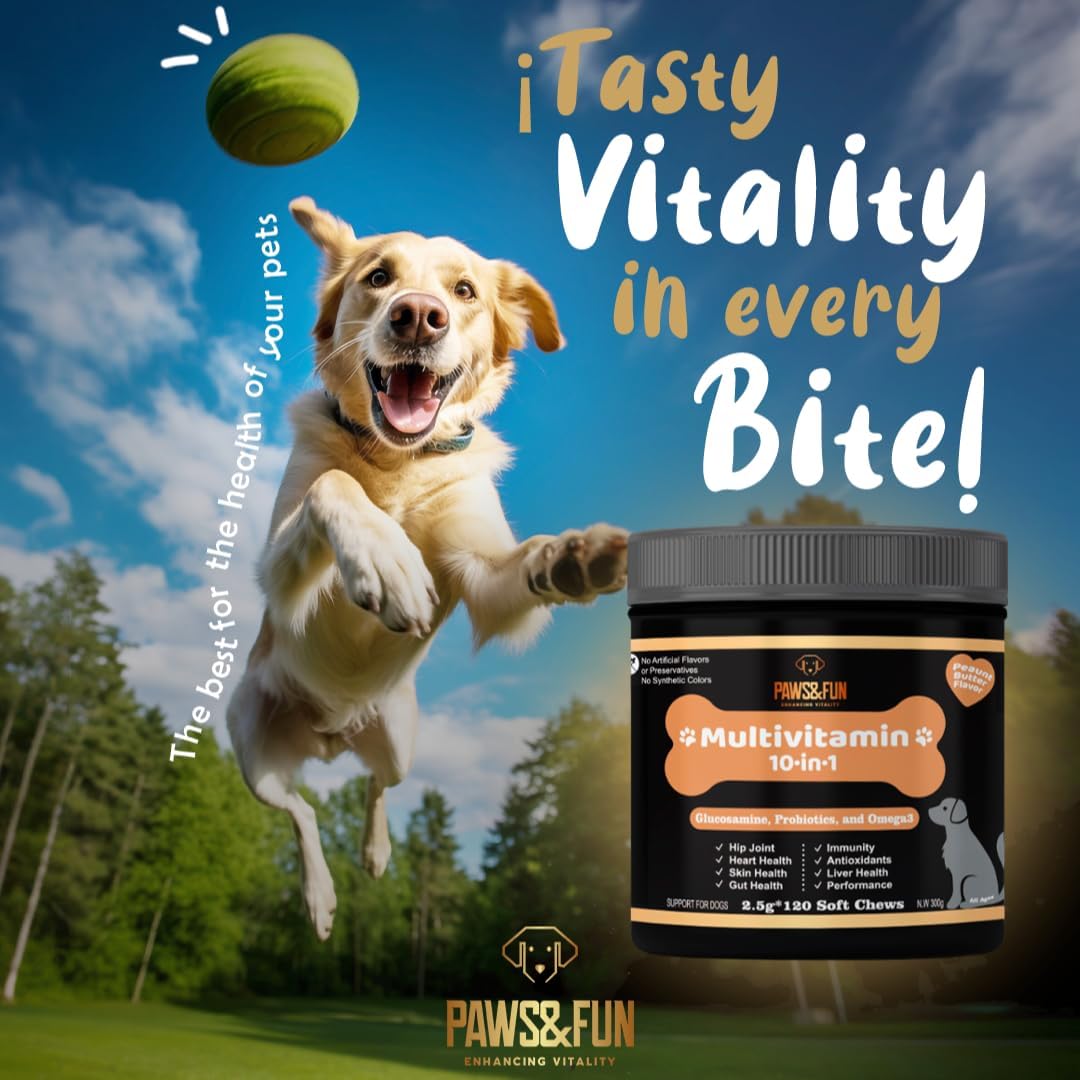 Dog Multivitamin Chews with Glucosamine, Probiotics, and Omega 3 for Hip, Joint, Digestion, Skin, and Coat - 10-in-1 Peanut Butter Supplement (120ct)